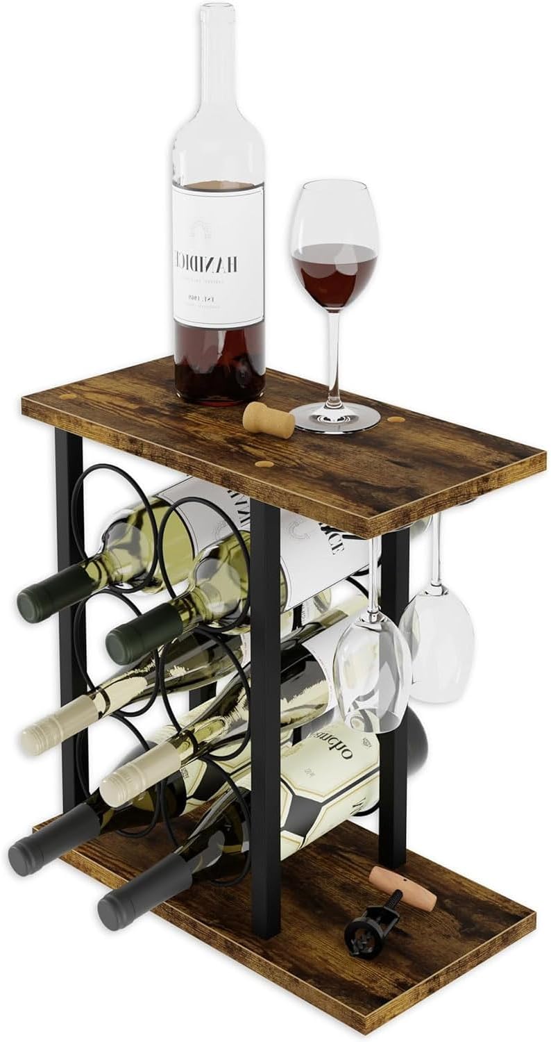 CARLA HOME Wine Rack Countertop Wooden & Metal Holder for 6 Bottles & 2 Glasses-1978962247061475328