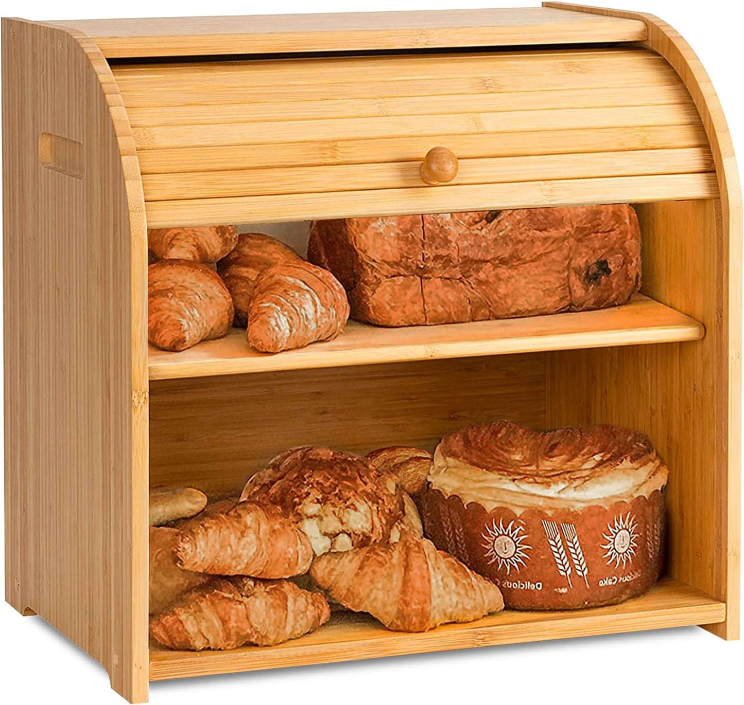 CARLA HOME Large Bamboo Bread Box Storage Organizer with Roll Top for Kitchen Counter-1978962257689841664