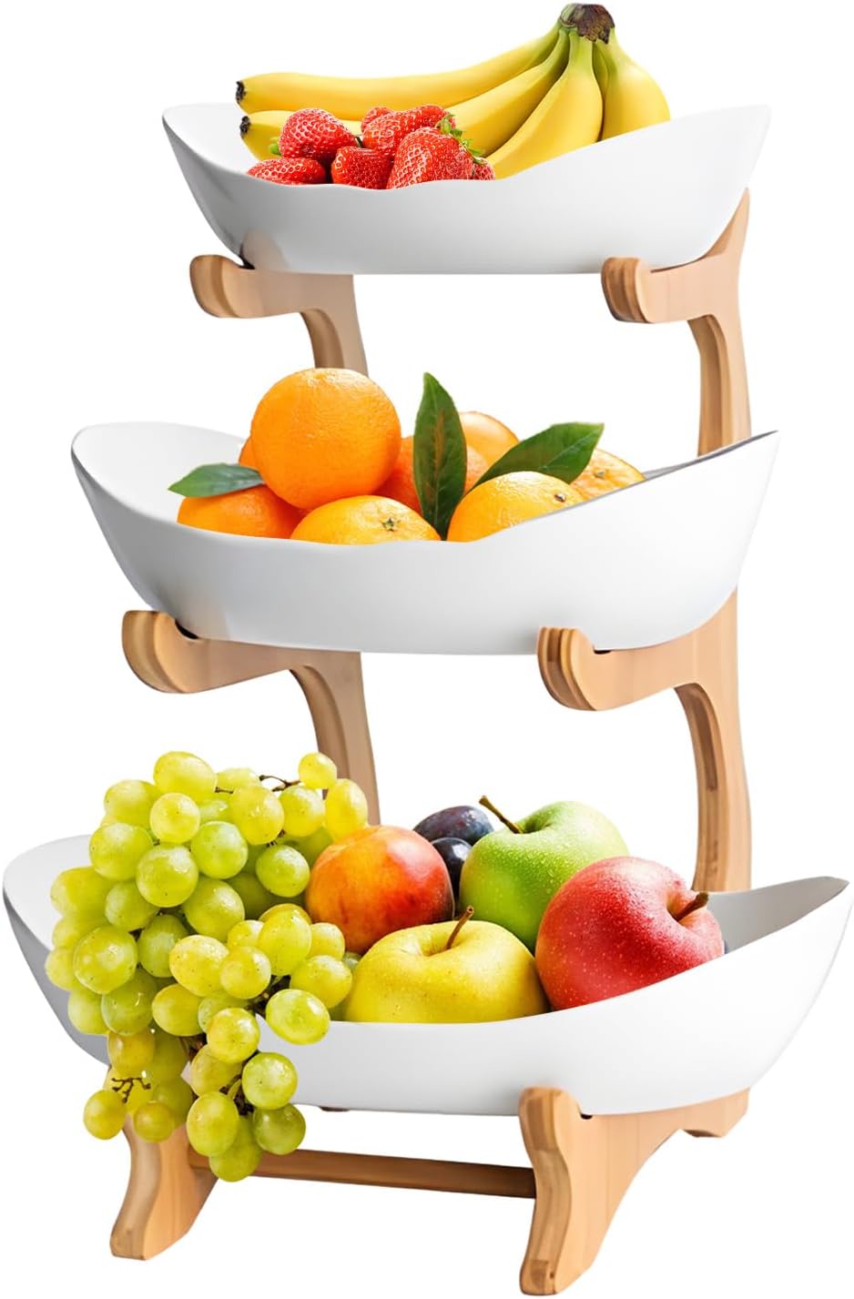 CARLA HOME 3-Tier Ceramic Fruit Bowl Basket with Bamboo Stand for Kitchen Counter, Snack Tray, Dessert Server & Vegetable Storage Rack-1978962258746806272