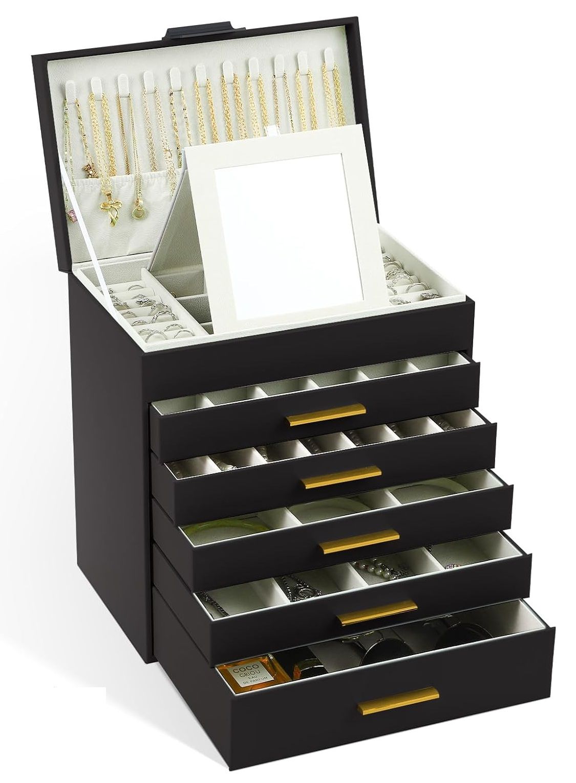 CARLA HOME 6-Layer Large Jewelry Organizer Box for Women with Mirror, Drawers, Hooks & Dividers for Rings, Necklaces, Bracelets, Ideal Gift for Women (Black)-1978962262983053312