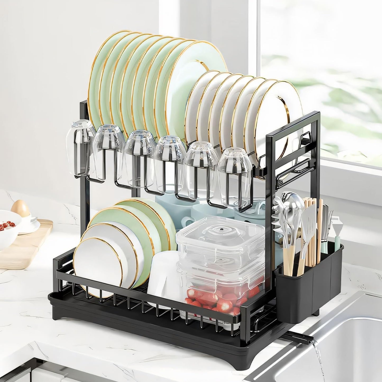 CARLA HOME Dish Drying Rack 2-Tier Kitchen Drainer with Drainboard-1978962264669163520