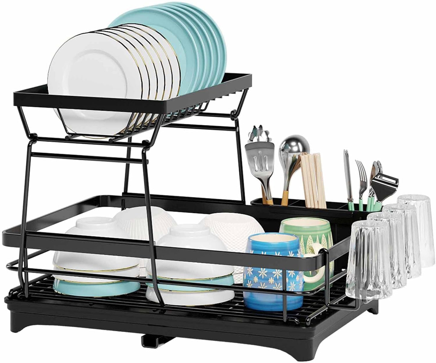 CARLA HOME 2-Tier Dish Drying Rack for Kitchen Counter with Drainboard, Utensil Holder, Cup Rack & Cutlery Organizer-1978962265533190144