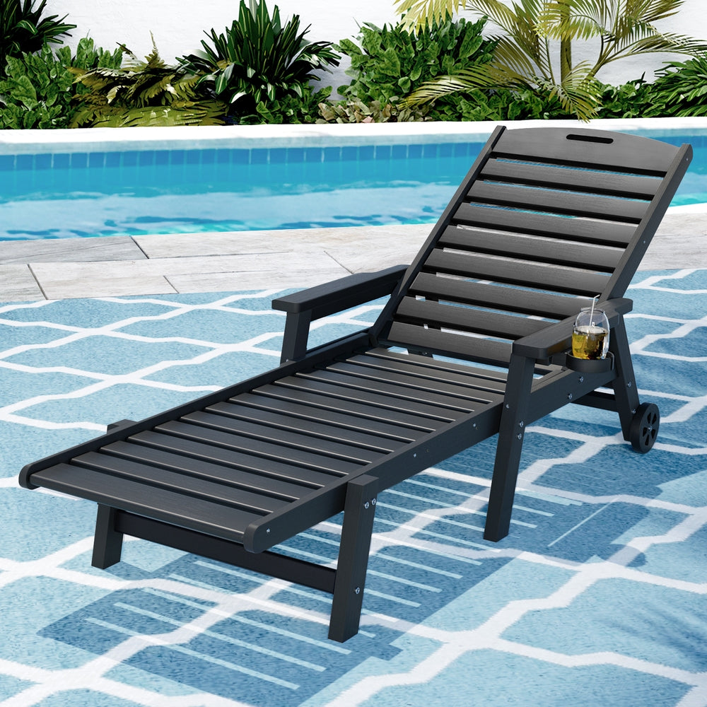 Gardeon Sun Lounge Lounger Beach Chair HDPE Patio Outdoor Furniture with Wheels Black
