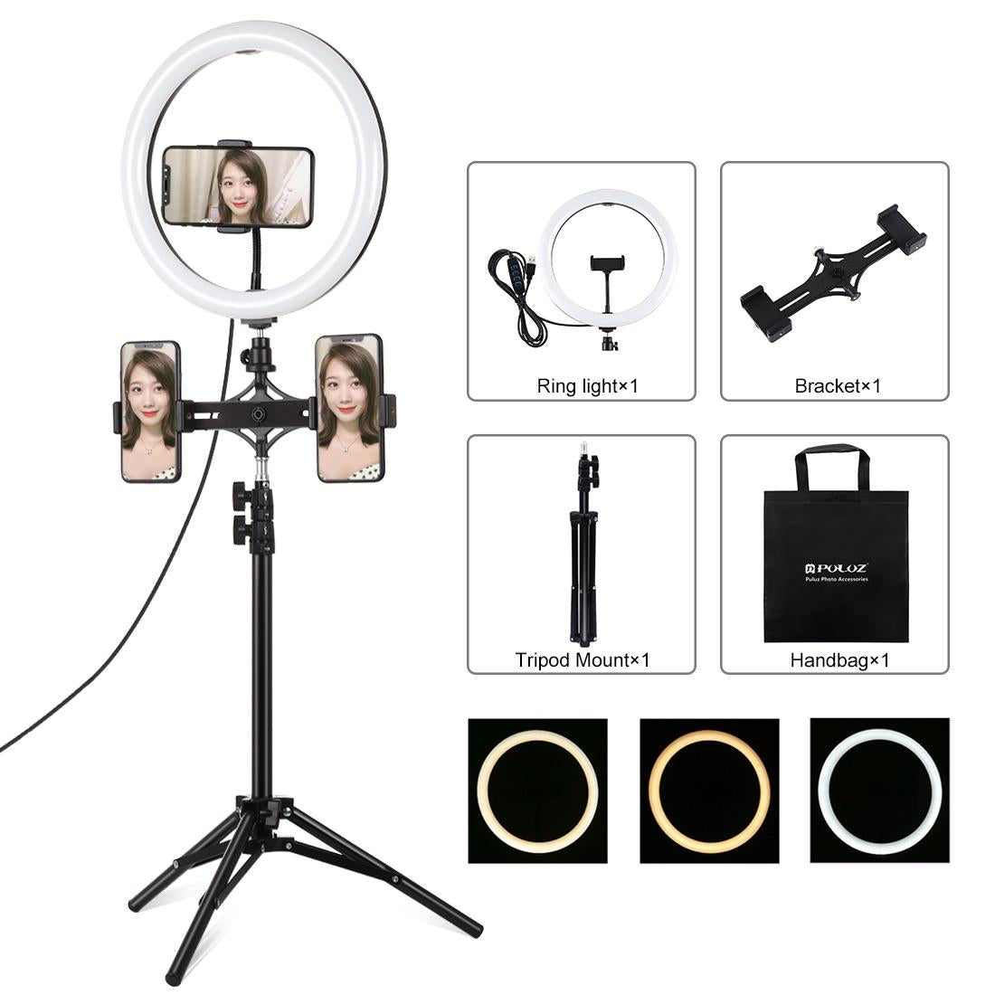 11.8 Led Ring Light With Tripod & Dual Phone Brackets - Usb 3 Modes Dual Colour Temperature - Vlogging & Live Broadcast Kit-1915196755700486144