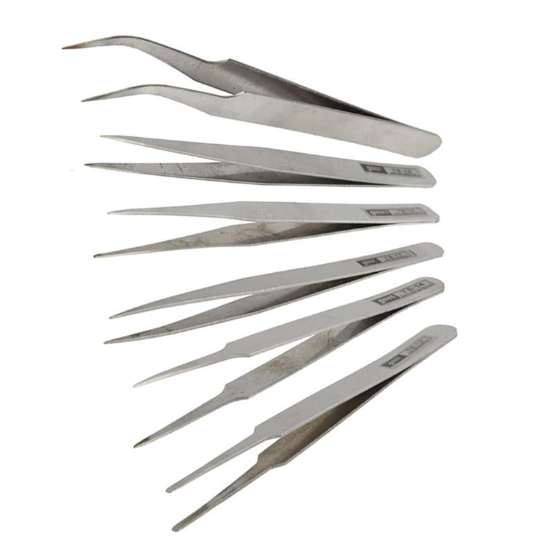 Set Of 6 Stainless Steel Straight And Angled Tweezers - Grey-1915197757459664896