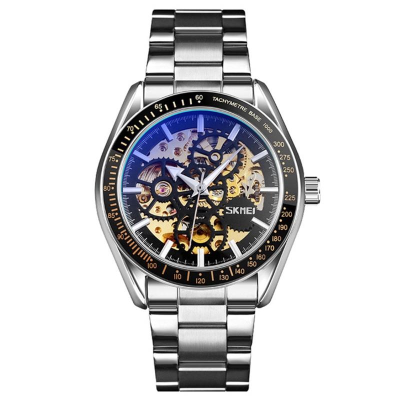 Silver Steel Band Automatic Skeleton Watch For Men-1922443454894444544