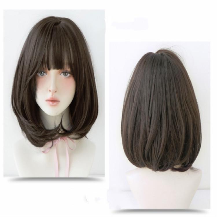 40Cm Short Hair Wig With Bangs For Round Face - Chocolate-1915198325280346112