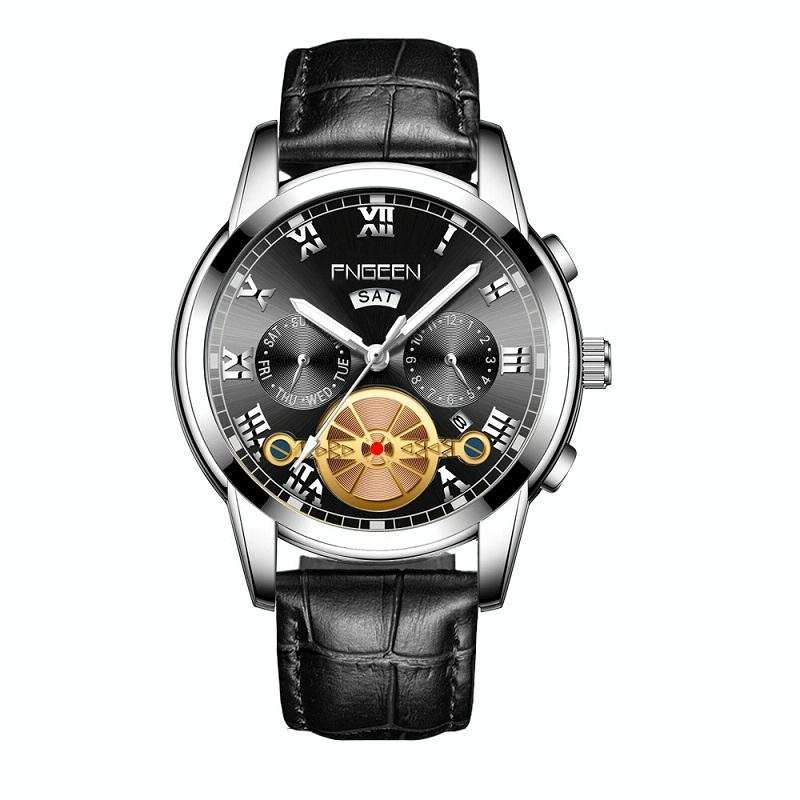 Men Multi-Function Quartz Watch - Black Leather Band White Steel Face-1915197663888936960