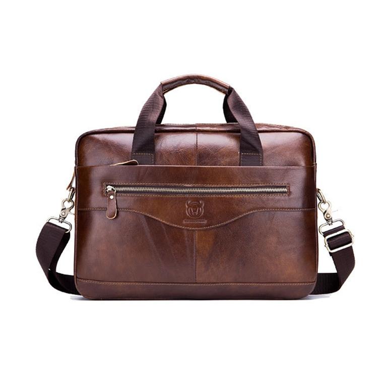 Men Leather Messenger Bag - 14 Inch Handheld Briefcase Brown-1915196966510399488