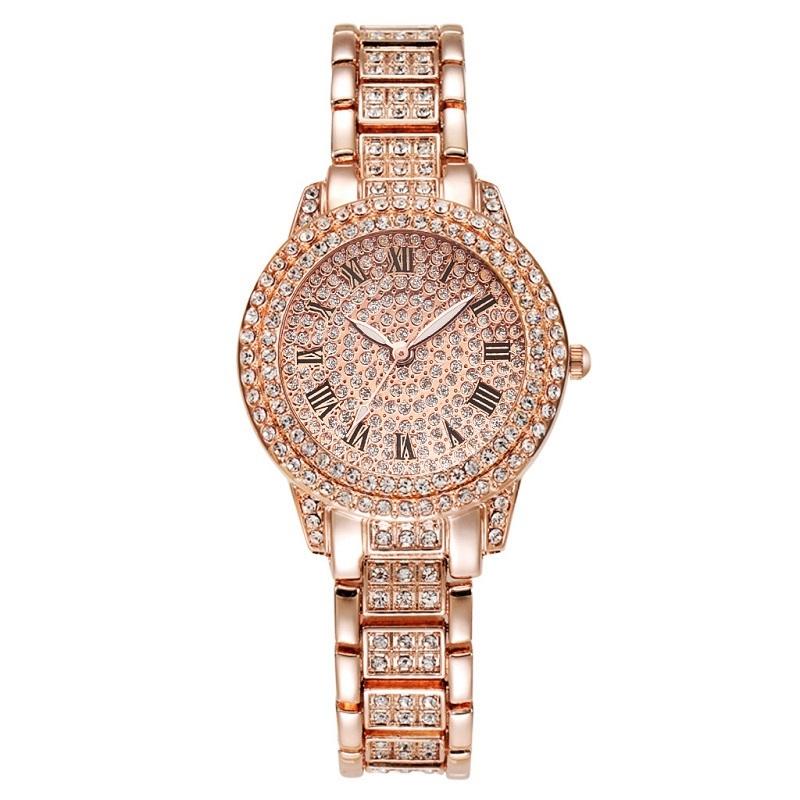 Rose Gold Full Diamond Roman Steel Strap Quartz Watch-1915198151992676352