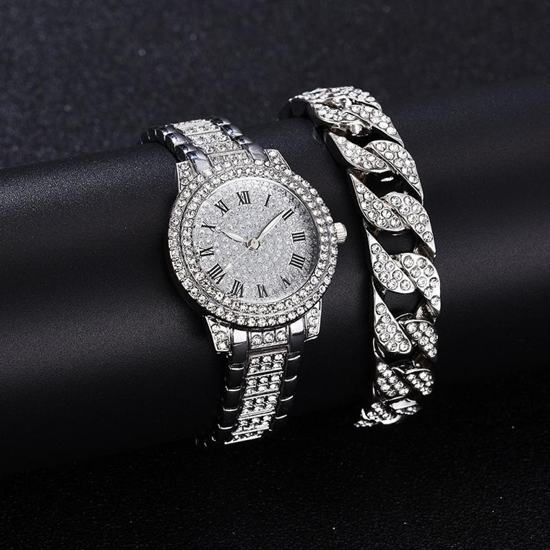 Silver Full Diamond Roman Steel Quartz Watch & Bracelet-1915197453783666688