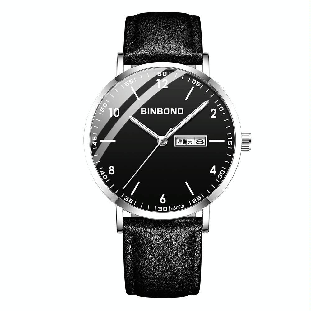 Waterproof Ultra-Thin Quartz Luminous Watch With Starry Design And Black Leather Strap-1915197190599479296