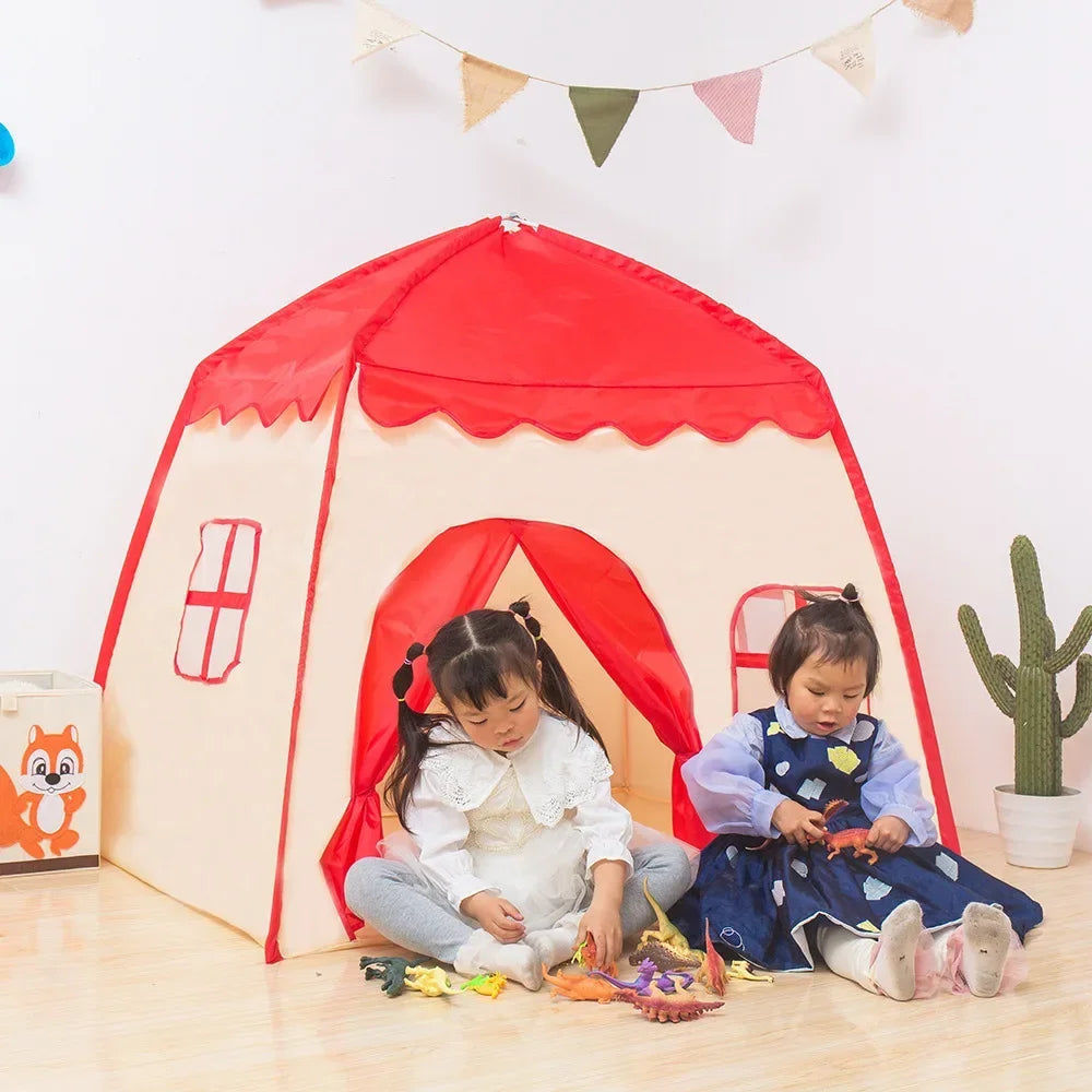 130cm baby castle tent in red and cream with scalloped roof