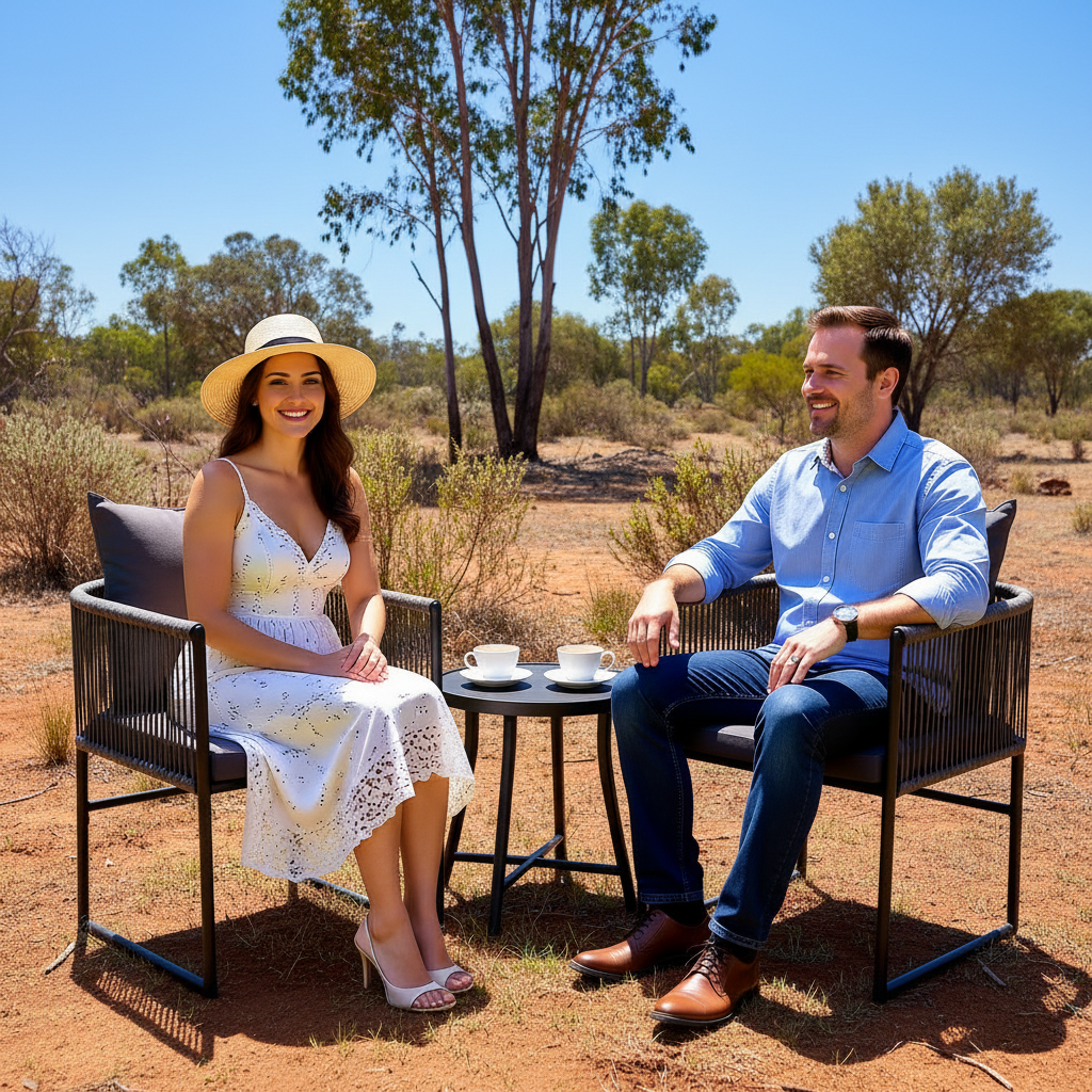 Man and woman sitting outdoors on chairs with a small table between them, in front of a house.