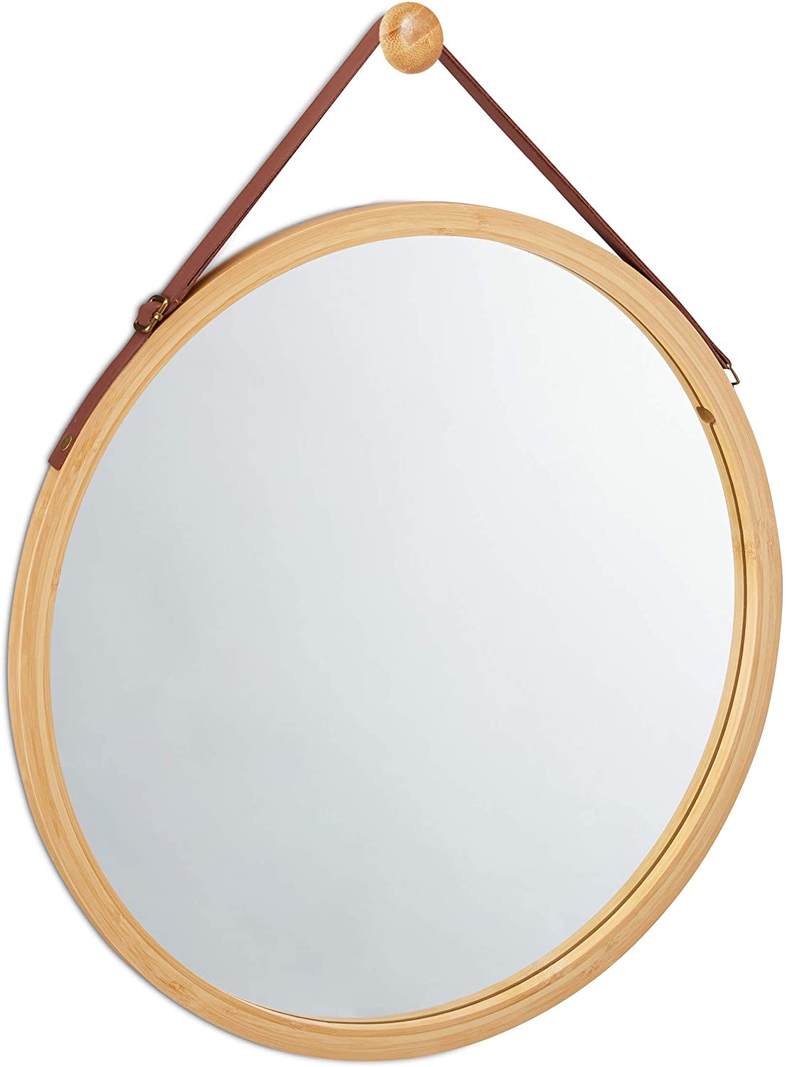 CARLA HOME Hanging Wall Mirror 38cm - Solid Bamboo Frame and Adjustable Leather Strap for Bathroom and Bedroom, Vanity Mirror, Makeup Mirror, Face Mirrors, Wall Shelf Mirror (Round 38 cm)-1978962234608586752