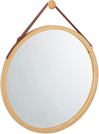 CARLA HOME Hanging Wall Mirror 38cm - Solid Bamboo Frame and Adjustable Leather Strap for Bathroom and Bedroom, Vanity Mirror, Makeup Mirror, Face Mirrors, Wall Shelf Mirror (Round 38 cm)-1978962234608586752
