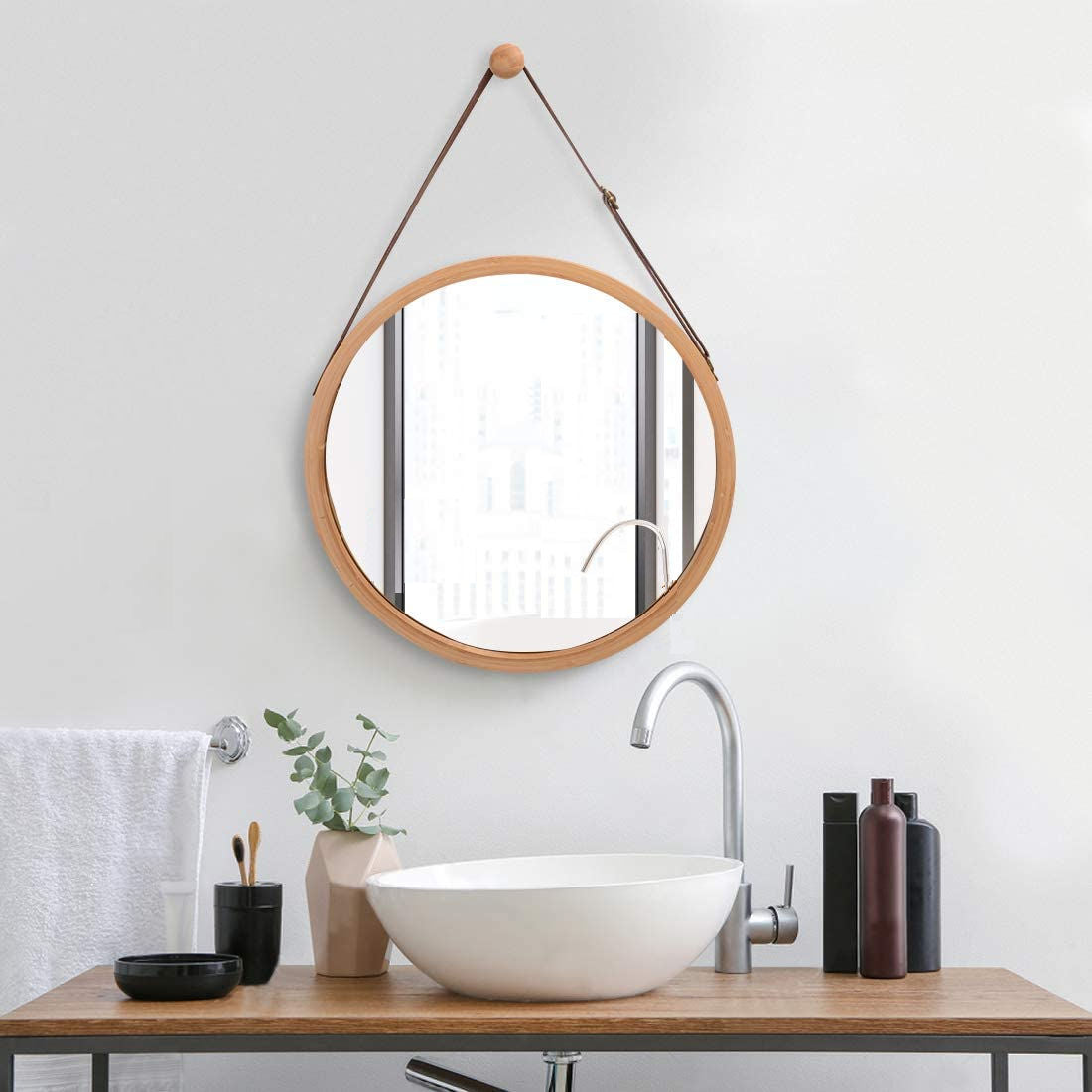 CARLA HOME Hanging Wall Mirror 38cm - Solid Bamboo Frame and Adjustable Leather Strap for Bathroom and Bedroom, Vanity Mirror, Makeup Mirror, Face Mirrors, Wall Shelf Mirror (Round 38 cm)-1978962234608586753