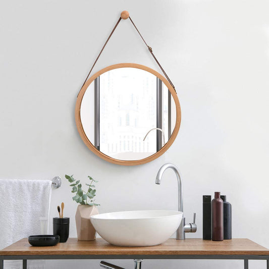 CARLA HOME Hanging Wall Mirror 38cm - Solid Bamboo Frame and Adjustable Leather Strap for Bathroom and Bedroom, Vanity Mirror, Makeup Mirror, Face Mirrors, Wall Shelf Mirror (Round 38 cm)-1978962234608586753