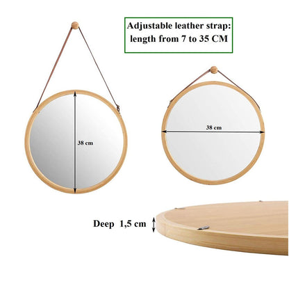 CARLA HOME Hanging Wall Mirror 38cm - Solid Bamboo Frame and Adjustable Leather Strap for Bathroom and Bedroom, Vanity Mirror, Makeup Mirror, Face Mirrors, Wall Shelf Mirror (Round 38 cm)-1978962234608586758