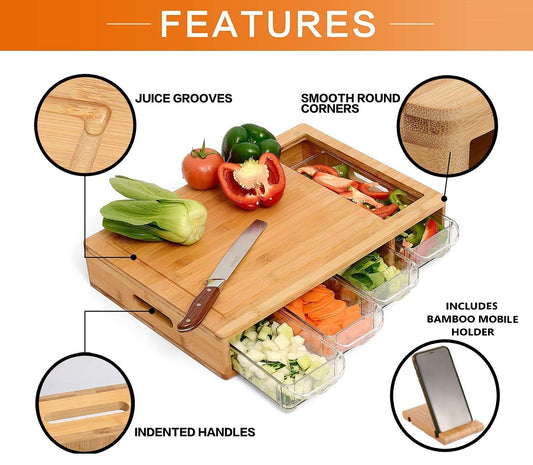 CARLA HOME Large Bamboo Cutting Board and 4 Containers with Mobile Holder gift included for Home Kitchen-1978962236374388737