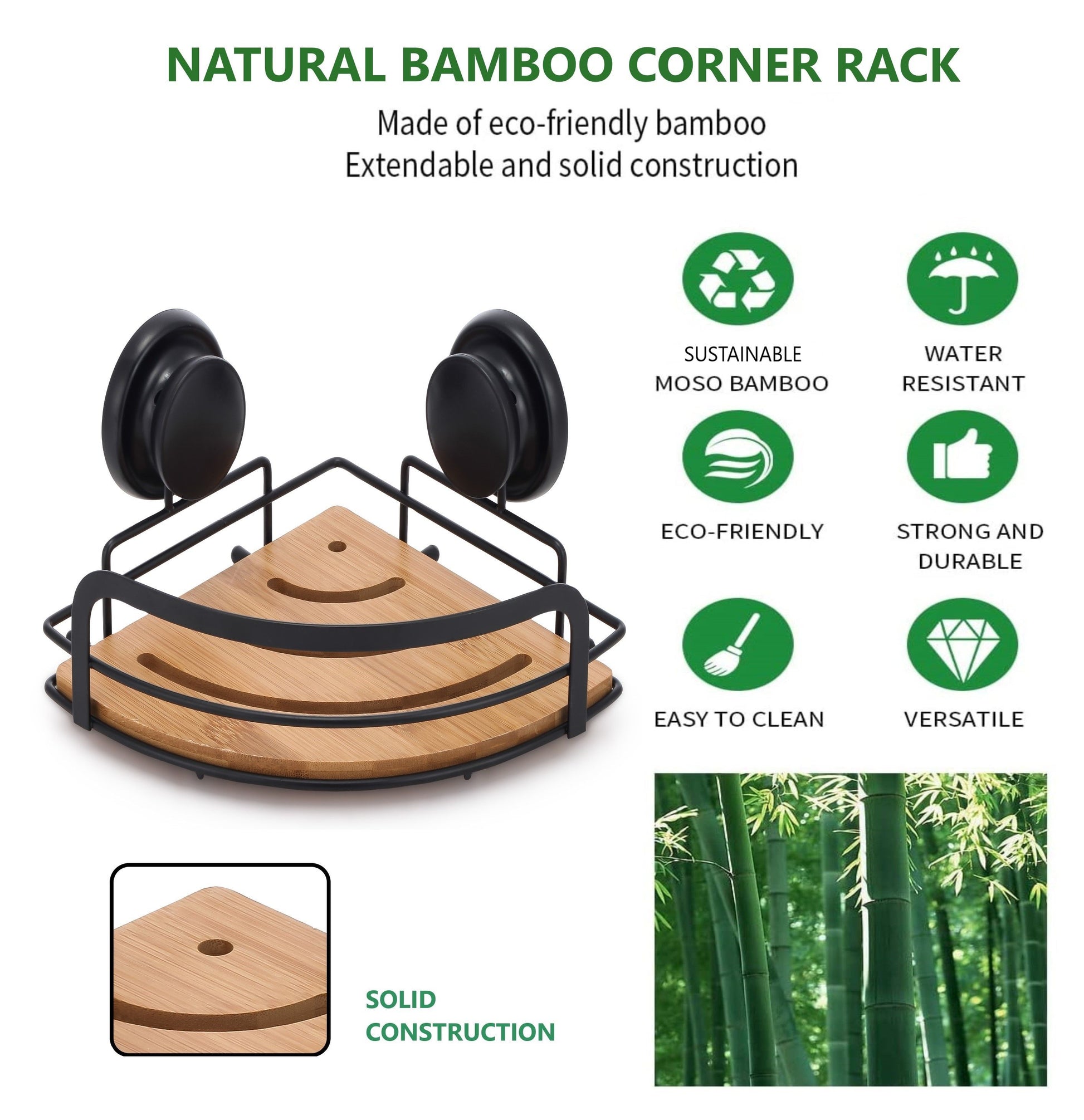 CARLA HOME  2 Pack Round Bamboo Corner Shower Caddy Shelf Basket Rack with Premium Vacuum Suction Cup No-Drilling for Bathroom and Kitchen-1978962237284552710