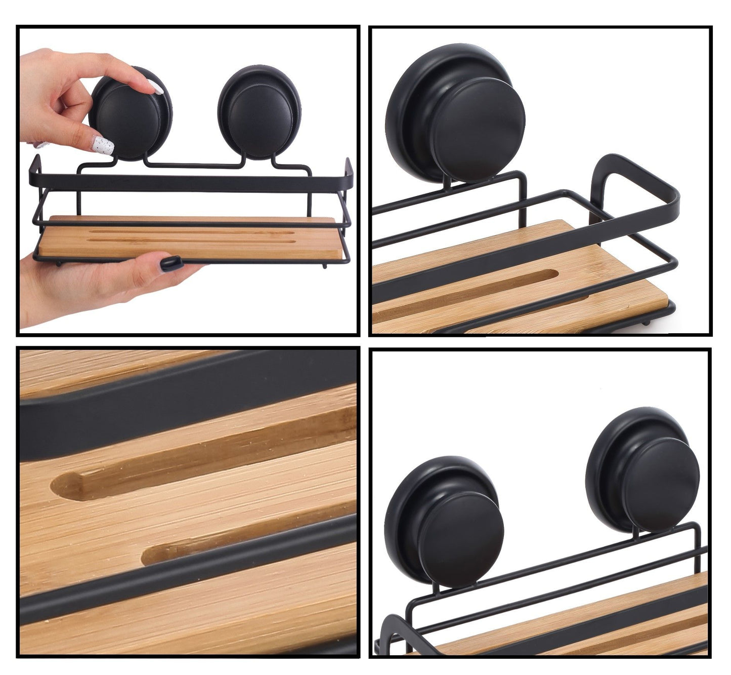 CARLA HOME  2 Pack Rectangular Bamboo Corner Shower Caddy Shelf Basket Rack with Premium Vacuum Suction Cup No-Drilling for Bathroom and Kitchen-1978962237536210951