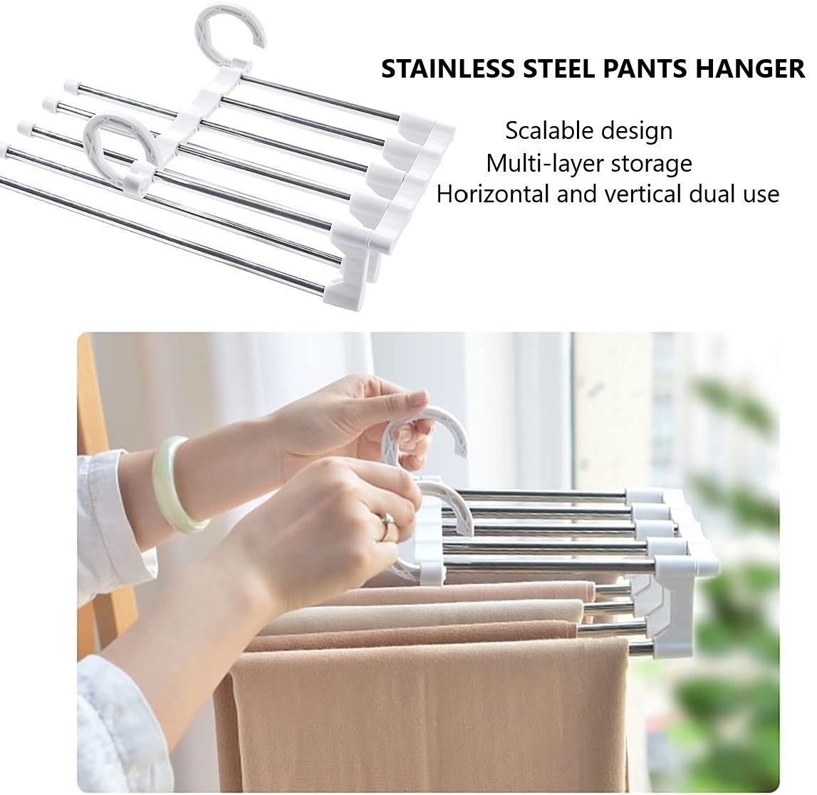CARLA HOME  2 Pack Stainless Steel Adjustable 5 in 1 Pants Hangers Non-Slip Space Saving for Home Storage-1978962240623218690