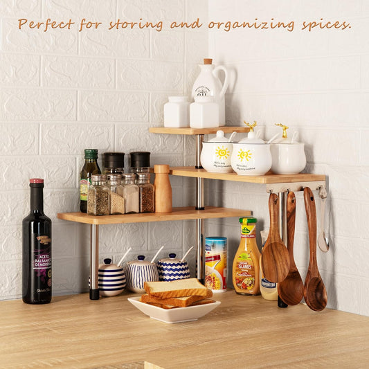 3 Tier Corner Shelf Kitchen Spice Rack Organiser with Hooks for Home Storage & Organisation, Adjustable Bamboo Wall Shelf for Pantry Organiser, Freestanding Spice Jars Storage Rack for Kitchen Storage & Organisation-1978962244045770753