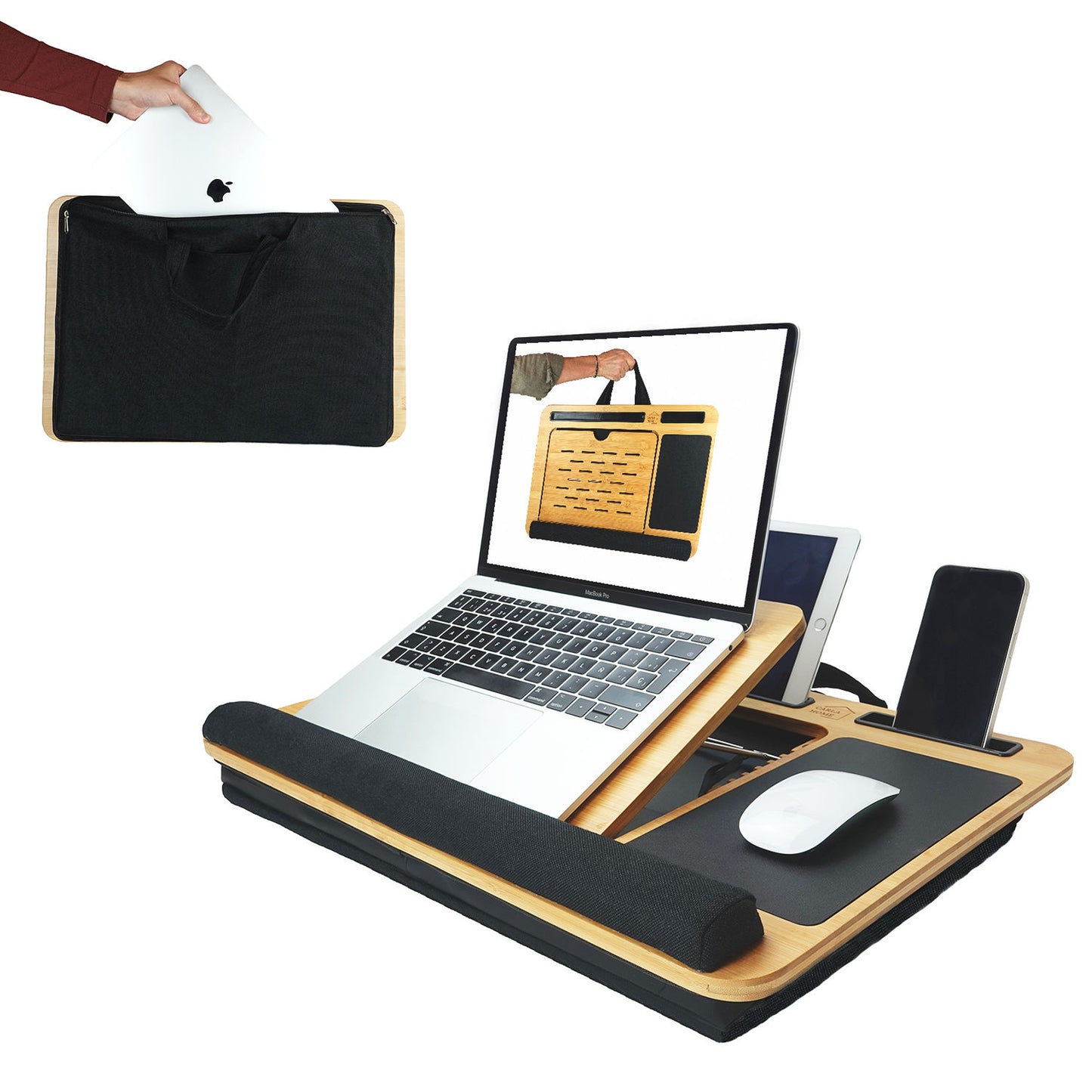 CARLA HOME Bamboo Laptop Lap Desk with Cushion, Angle Adjustable and Sleeve Case Bag for Office and Home-1978962244729442304