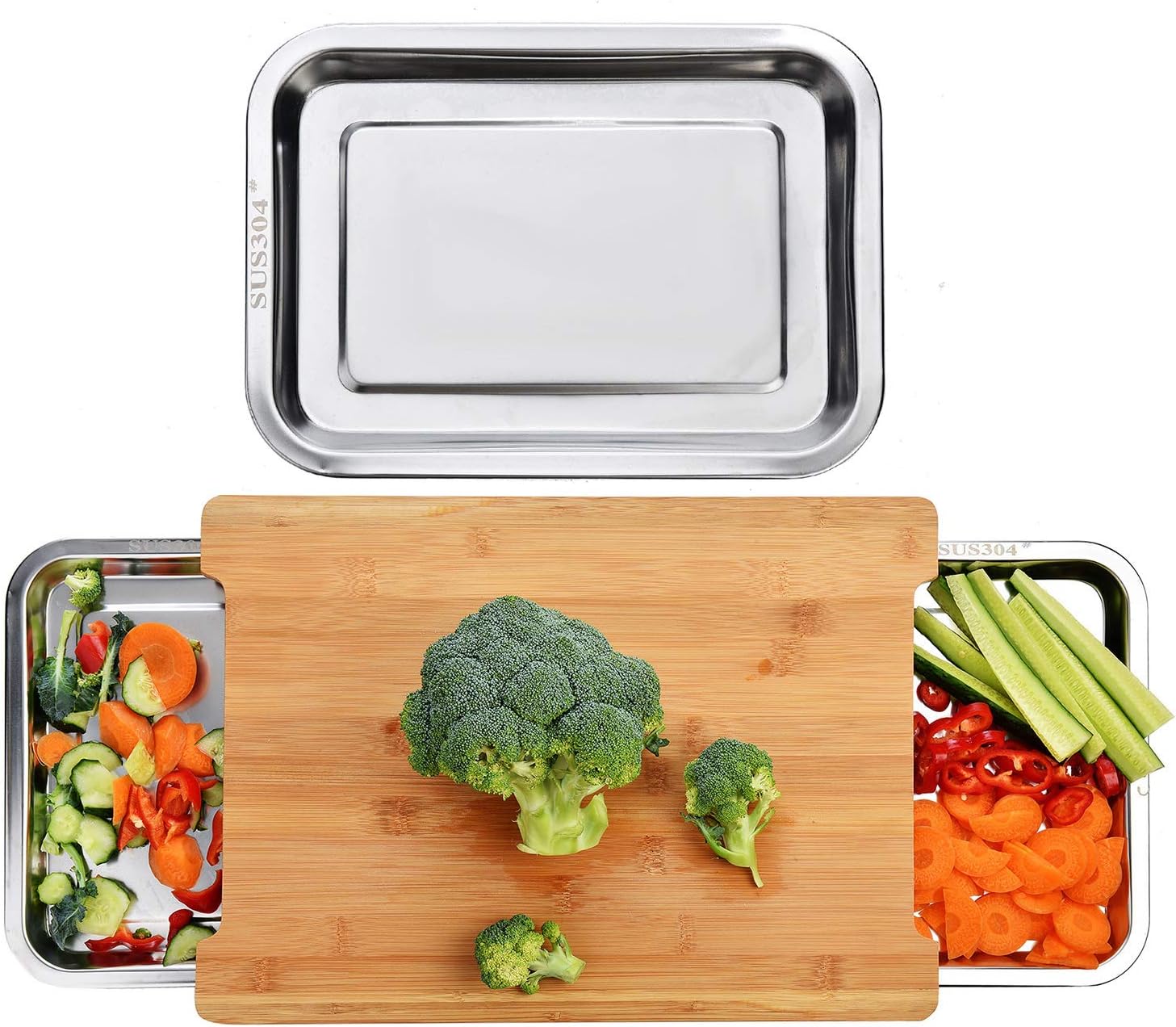 CARLA HOME Chopping Board with with 2 Organiser Stainless Steel Trays Containers-1978962246369415168