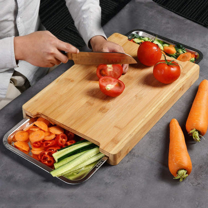 CARLA HOME Chopping Board with with 2 Organiser Stainless Steel Trays Containers-1978962246369415169