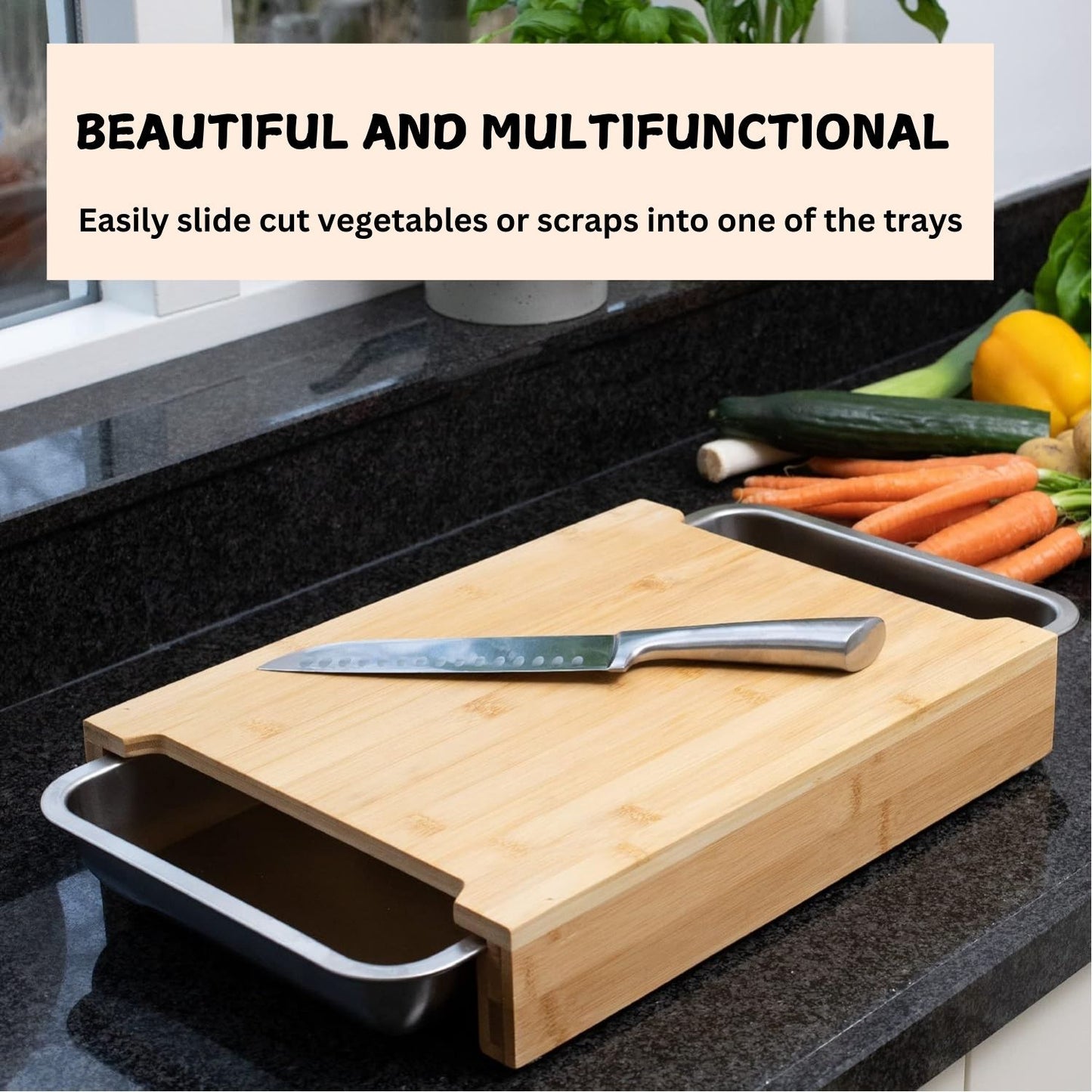 CARLA HOME Chopping Board with with 2 Organiser Stainless Steel Trays Containers-1978962246369415172