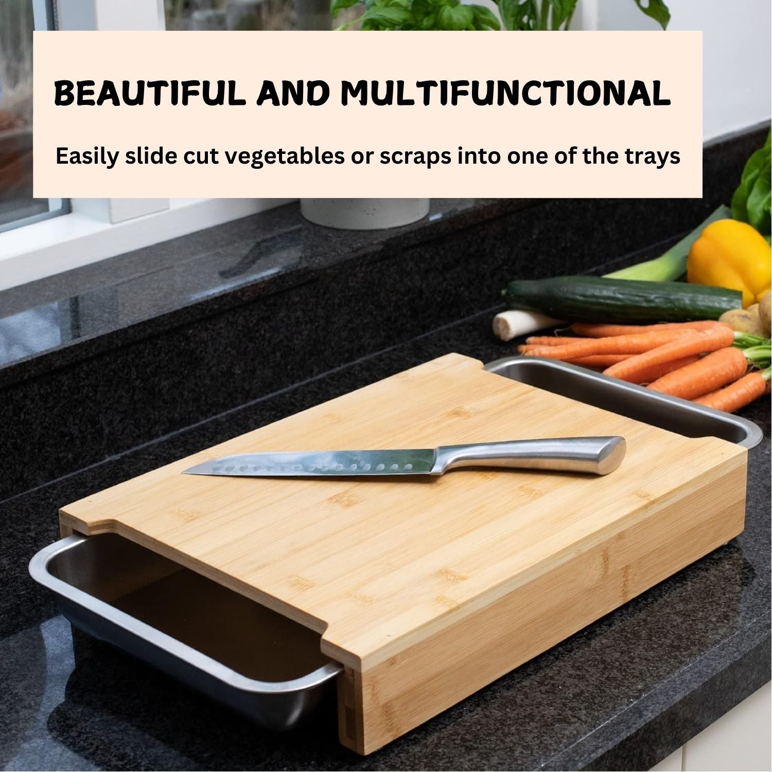 CARLA HOME Chopping Board with with 2 Organiser Stainless Steel Trays Containers-1978962246369415172
