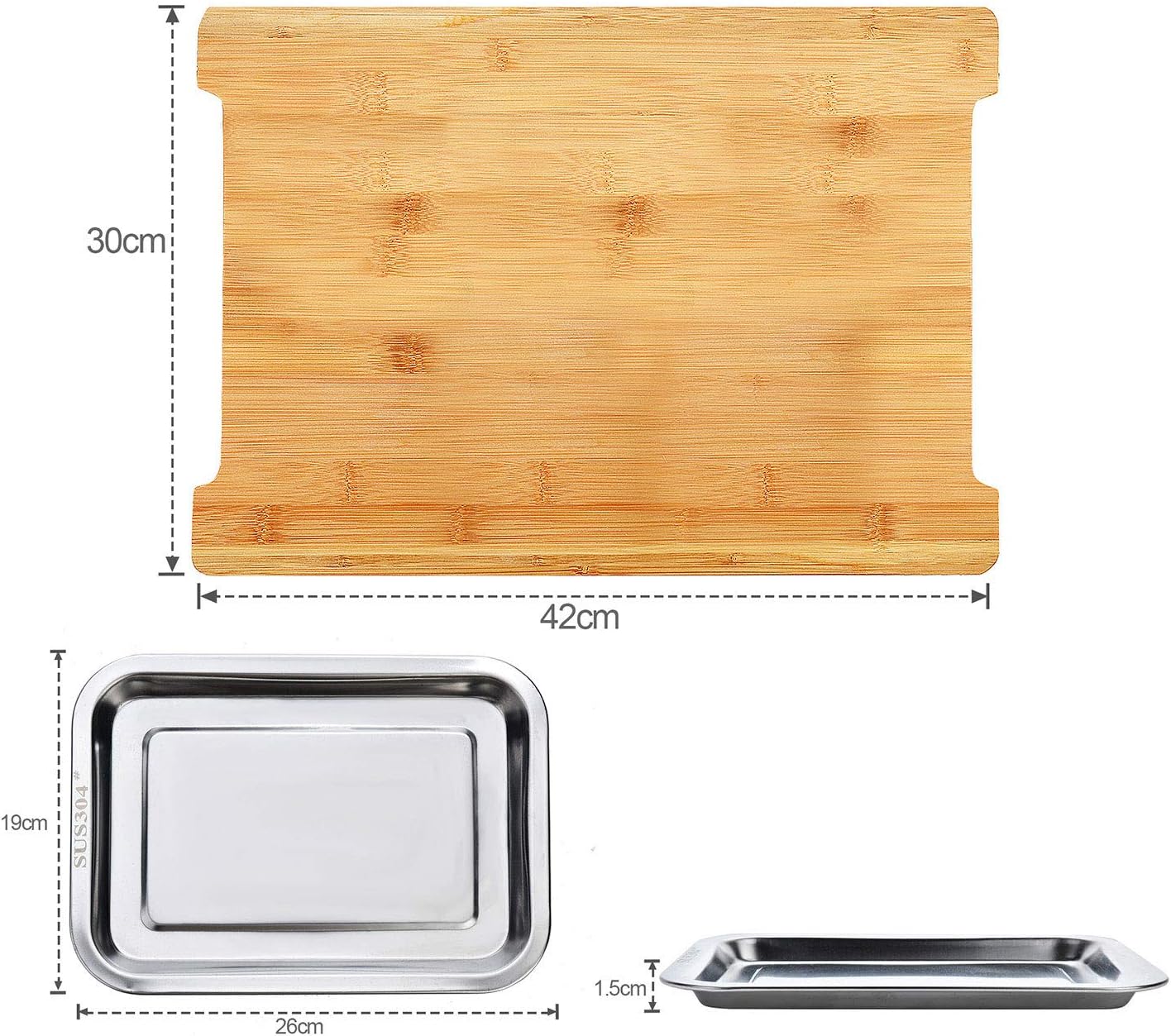 CARLA HOME Chopping Board with with 2 Organiser Stainless Steel Trays Containers-1978962246369415175