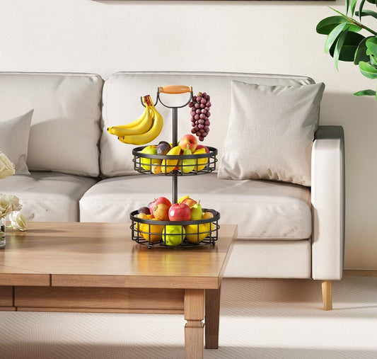 CARLA HOME 2-Tier Fruit Basket Bowl Storage with Wood Lift Handle and Dual Banana Tree Hanger for Kitchen Countertop-1978962246541381633