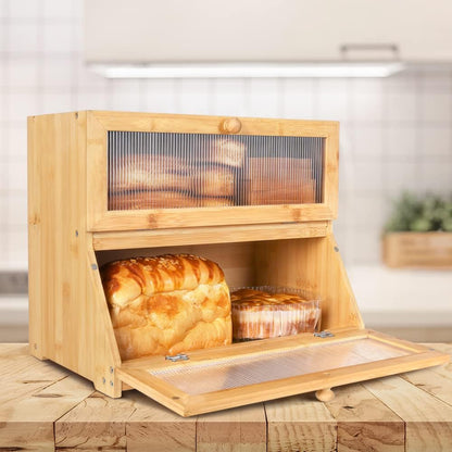 CARLA HOME Double Layer Bamboo Bread Box for Kitchen Counter with Large Capacity and Clear Window-1978962246721736705