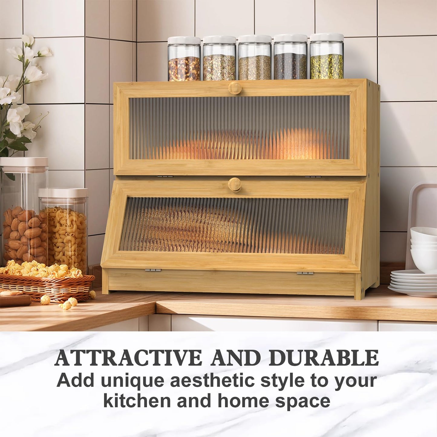 CARLA HOME Double Layer Bamboo Bread Box for Kitchen Counter with Large Capacity and Clear Window-1978962246721736709