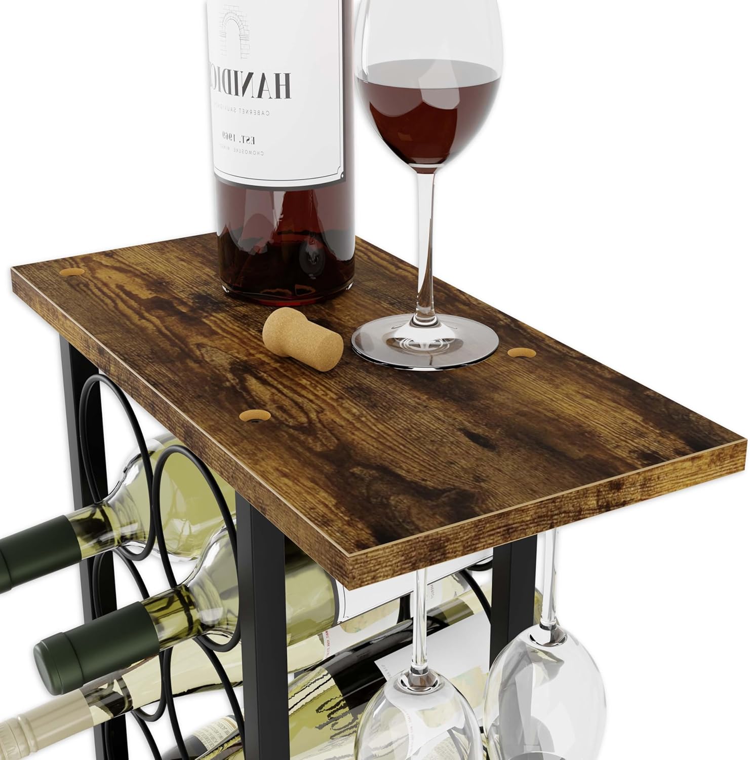 CARLA HOME Wine Rack Countertop Wooden & Metal Holder for 6 Bottles & 2 Glasses - Bens Market Place