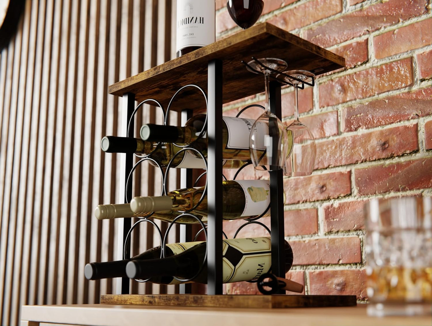 CARLA HOME Wine Rack Countertop Wooden & Metal Holder for 6 Bottles & 2 Glasses-1978962247061475330