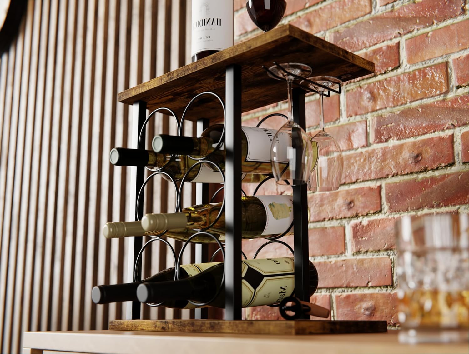 CARLA HOME Wine Rack Countertop Wooden & Metal Holder for 6 Bottles & 2 Glasses - Bens Market Place