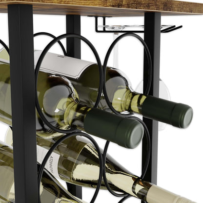 CARLA HOME Wine Rack Countertop Wooden & Metal Holder for 6 Bottles & 2 Glasses-1978962247061475332
