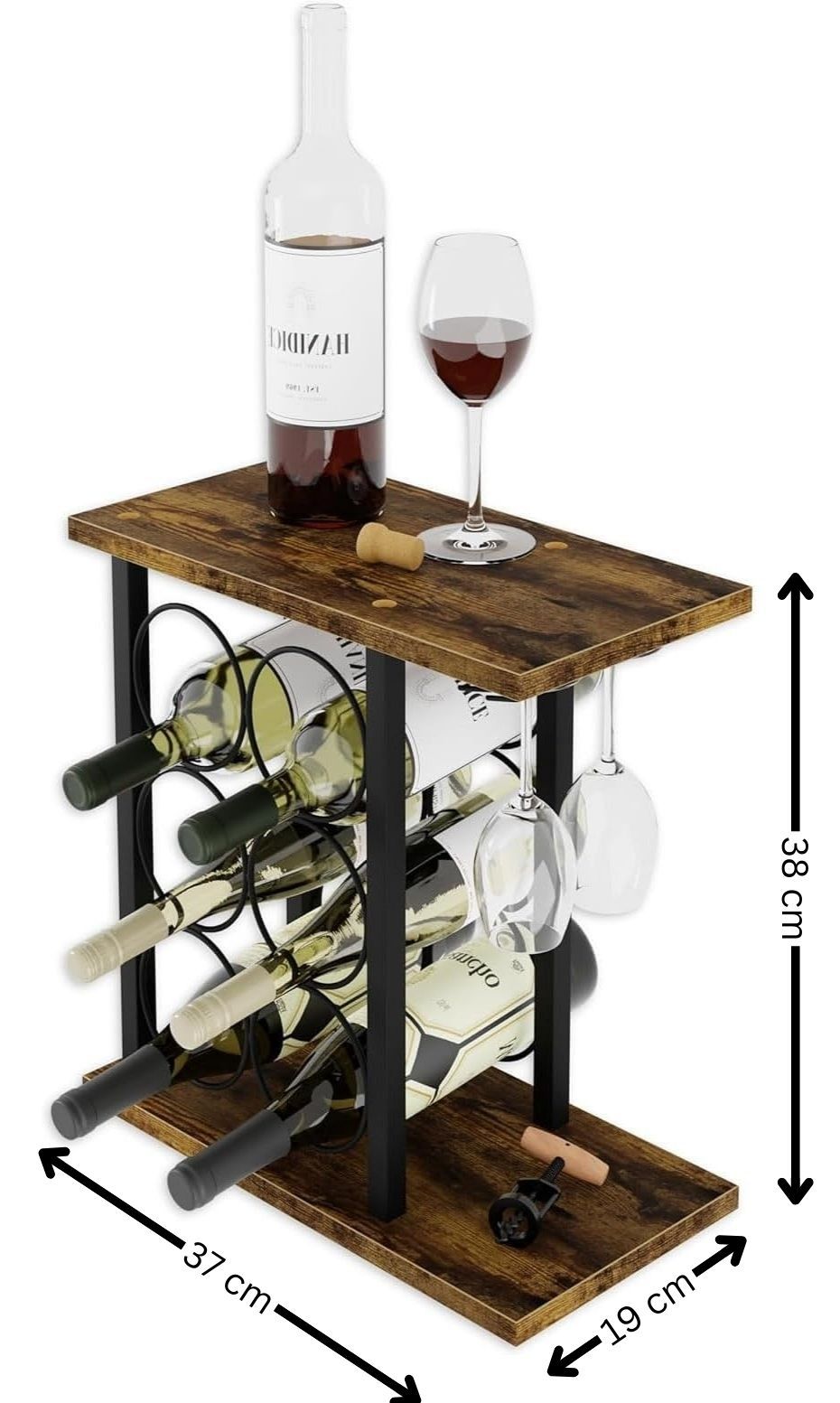 CARLA HOME Wine Rack Countertop Wooden & Metal Holder for 6 Bottles & 2 Glasses-1978962247061475336