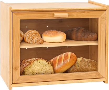 CARLA HOME Double Layer Bamboo Bread Box for Kitchen Counter with Large Capacity and Transparent Window-1978962247577374720