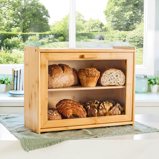 CARLA HOME Double Layer Bamboo Bread Box for Kitchen Counter with Large Capacity and Transparent Window-1978962247577374721