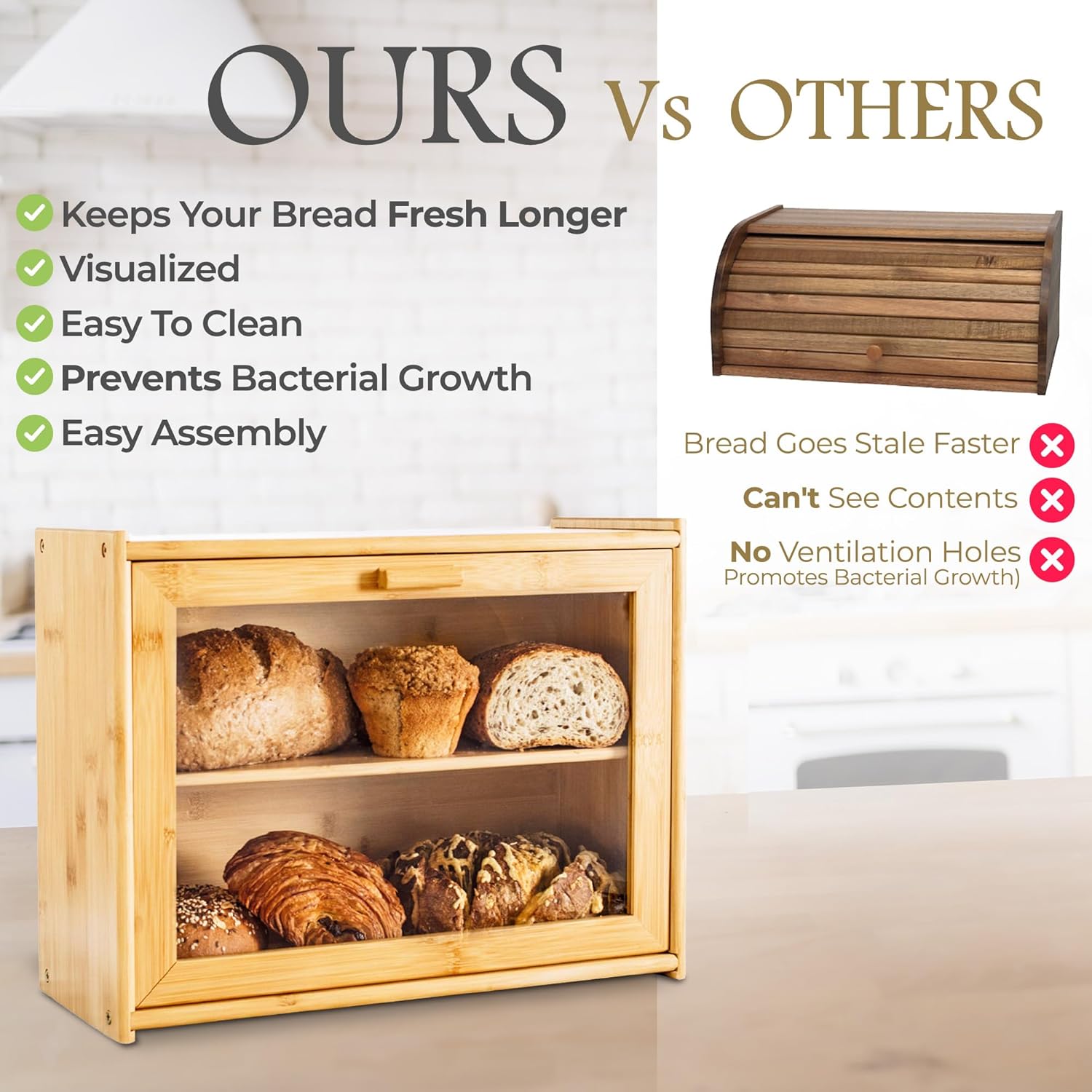 CARLA HOME Double Layer Bamboo Bread Box for Kitchen Counter with Large Capacity and Transparent Window-1978962247577374723