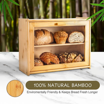 CARLA HOME Double Layer Bamboo Bread Box for Kitchen Counter with Large Capacity and Transparent Window-1978962247577374724