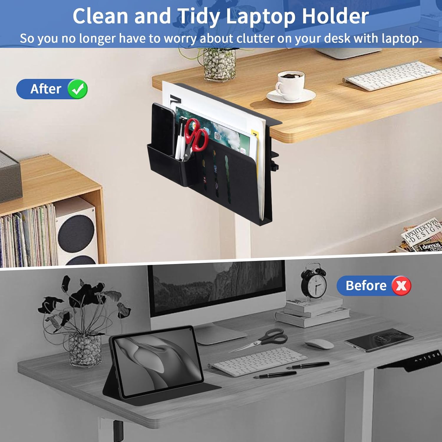 CARLA HOME Under Desk Side Laptop Holder Storage with No Drill Cable Management Tray and Pen Storage for Office and Home - Bens Market Place