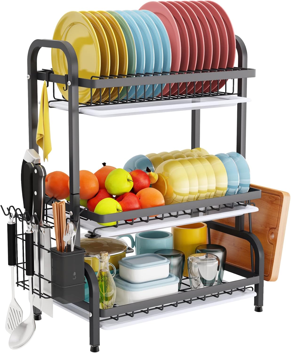 CARLA HOME Dish Drying Rack 3 Tier Large Capacity Kitchen Storage with Utensil and Cutting Board Holder-1978962249796161536