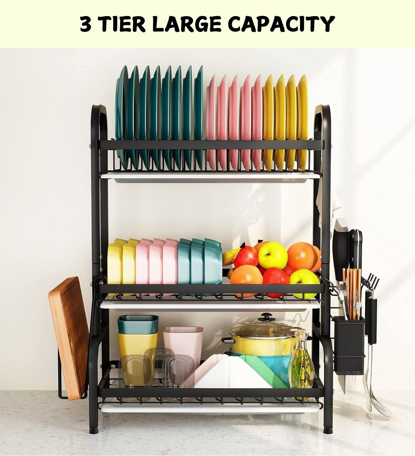 CARLA HOME Dish Drying Rack 3 Tier Large Capacity Kitchen Storage with Utensil and Cutting Board Holder-1978962249796161538