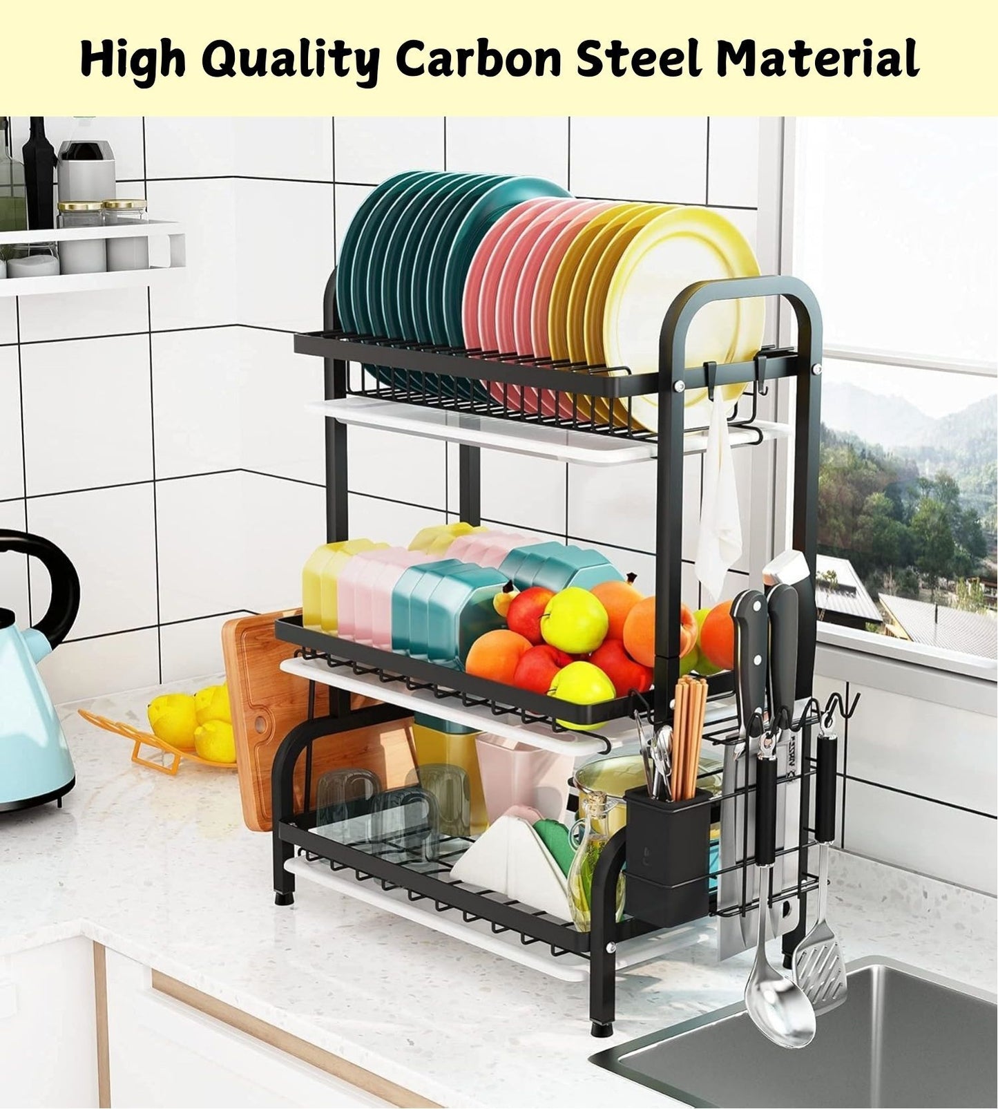 CARLA HOME Dish Drying Rack 3 Tier Large Capacity Kitchen Storage with Utensil and Cutting Board Holder-1978962249796161540